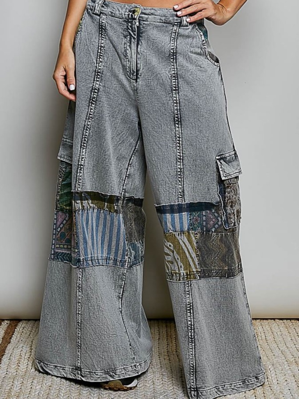 POL Floral Stripes Print Stretchy Waist Wide Leg Pants